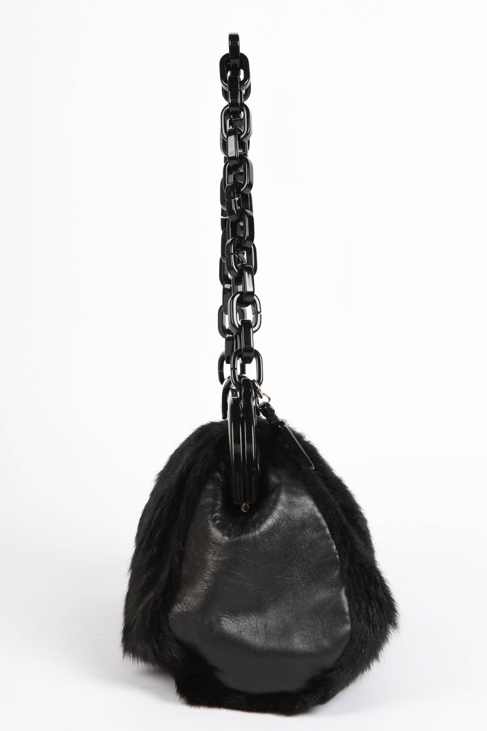 RARE 2000s Chanel Black Fur Kiss Lock Shoulder Bag