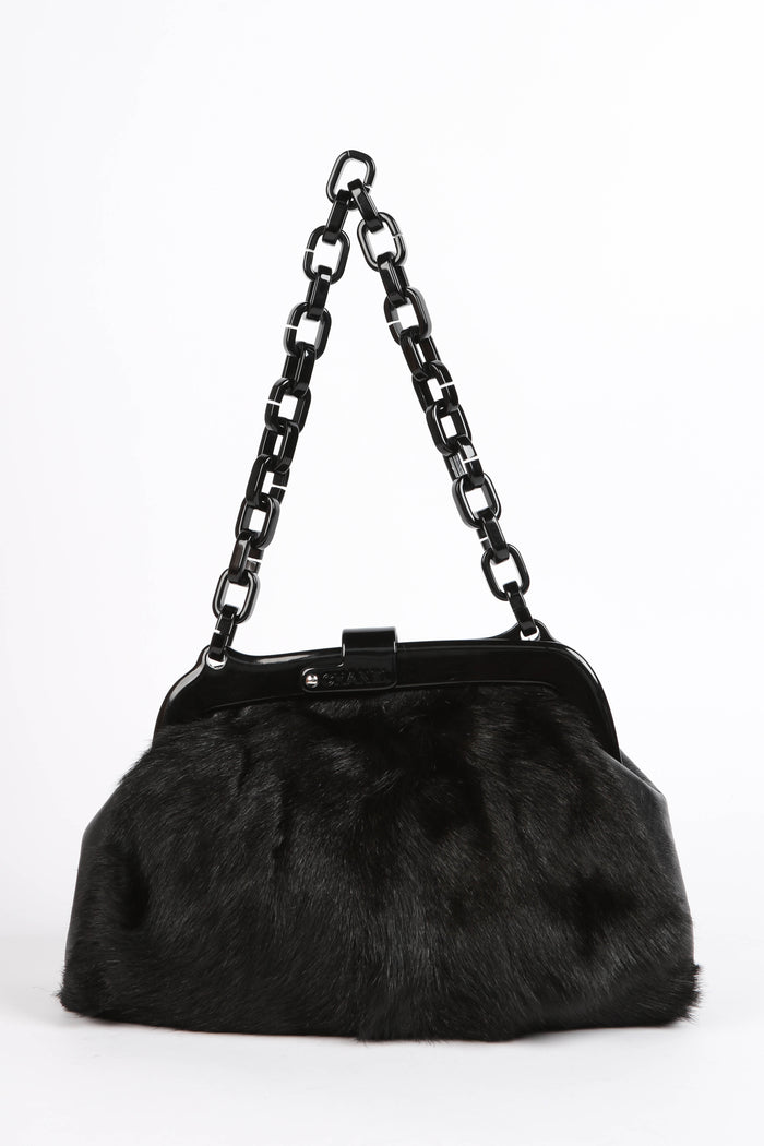 RARE 2000s Chanel Black Fur Kiss Lock Shoulder Bag