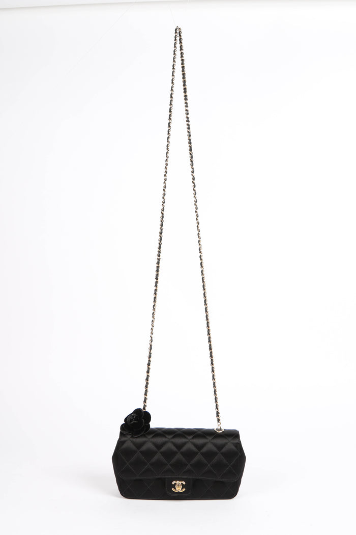 2000s Chanel Black Satin Mini Camellia Chocolate Bar Crossbody Bag