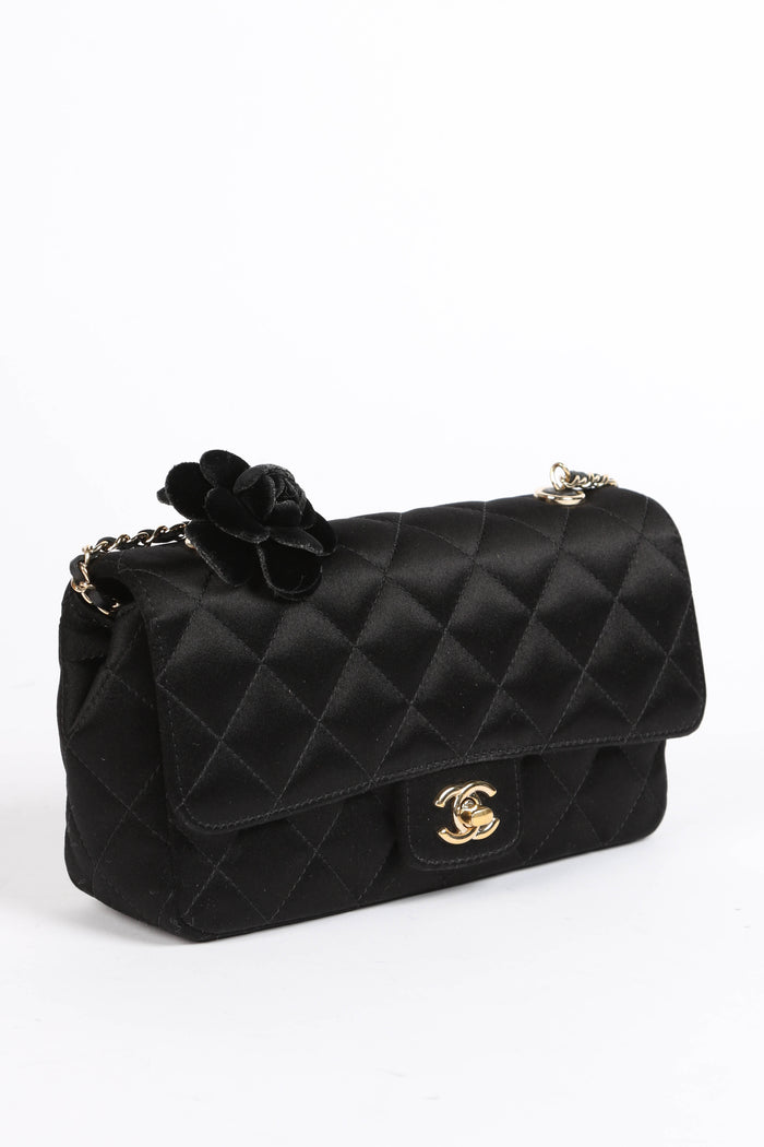 2000s Chanel Black Satin Mini Camellia Chocolate Bar Crossbody Bag