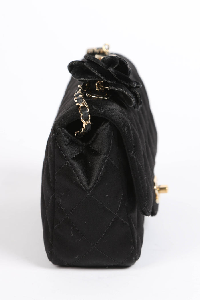 2000s Chanel Black Satin Mini Camellia Chocolate Bar Crossbody Bag
