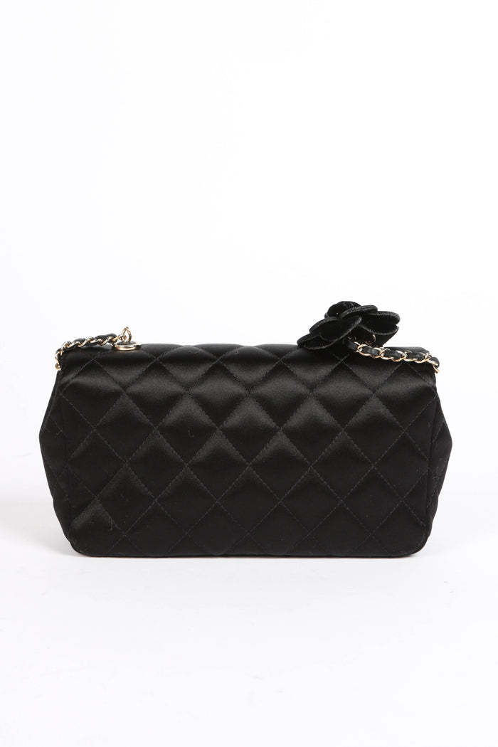 2000s Chanel Black Satin Mini Camellia Chocolate Bar Crossbody Bag