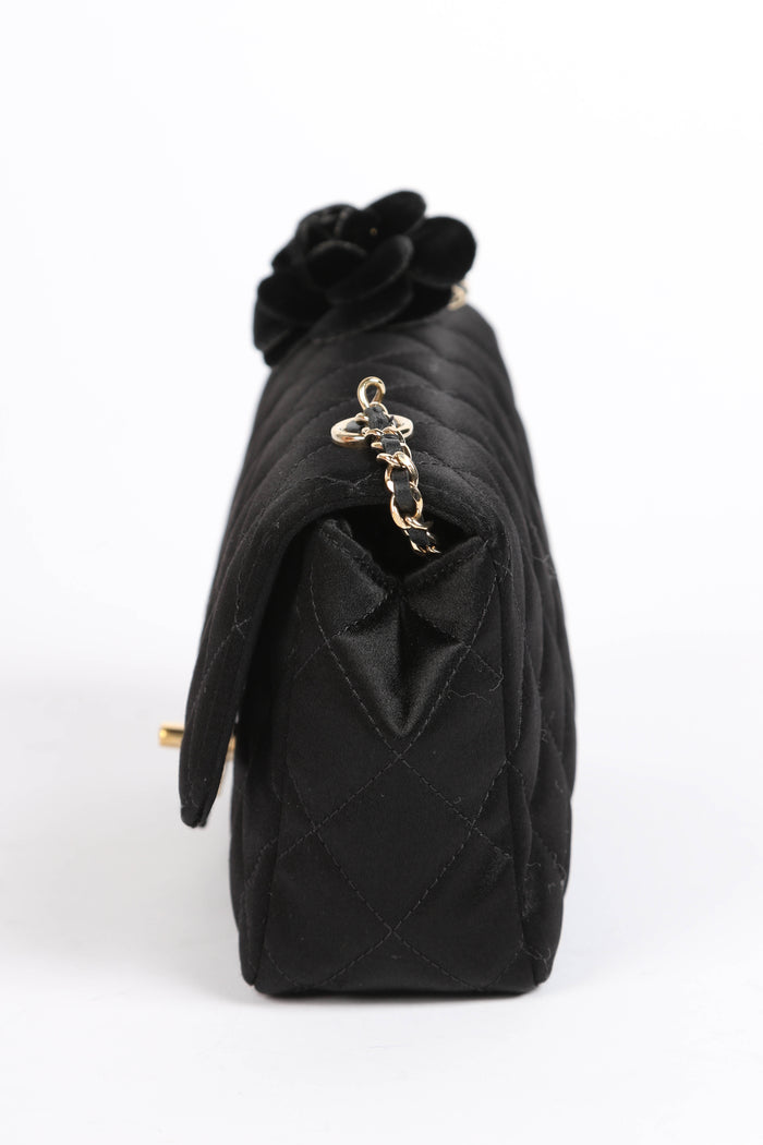 2000s Chanel Black Satin Mini Camellia Chocolate Bar Crossbody Bag