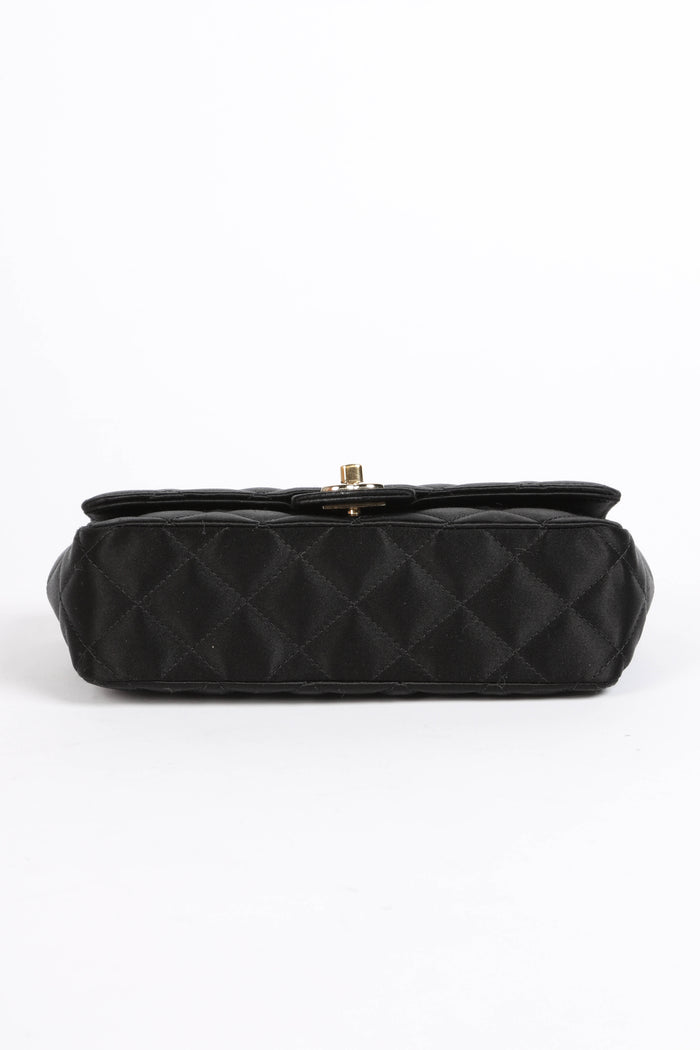 2000s Chanel Black Satin Mini Camellia Chocolate Bar Crossbody Bag