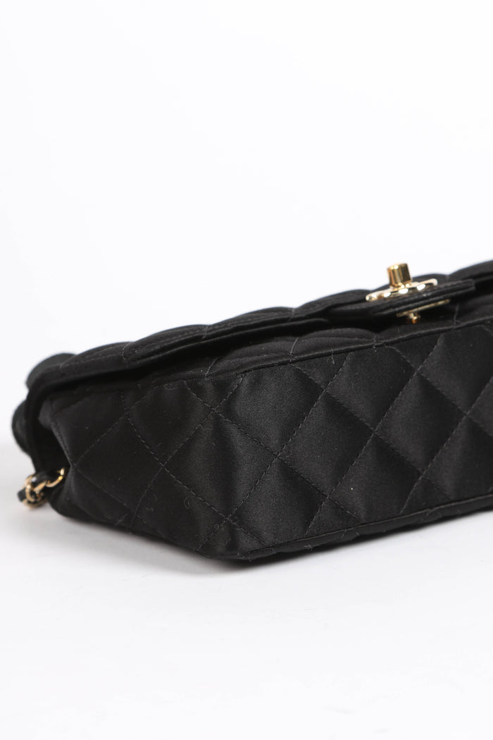 2000s Chanel Black Satin Mini Camellia Chocolate Bar Crossbody Bag