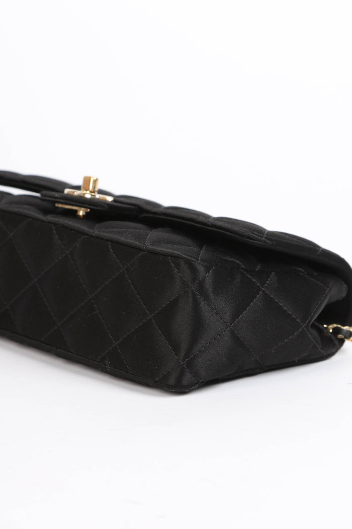 2000s Chanel Black Satin Mini Camellia Chocolate Bar Crossbody Bag