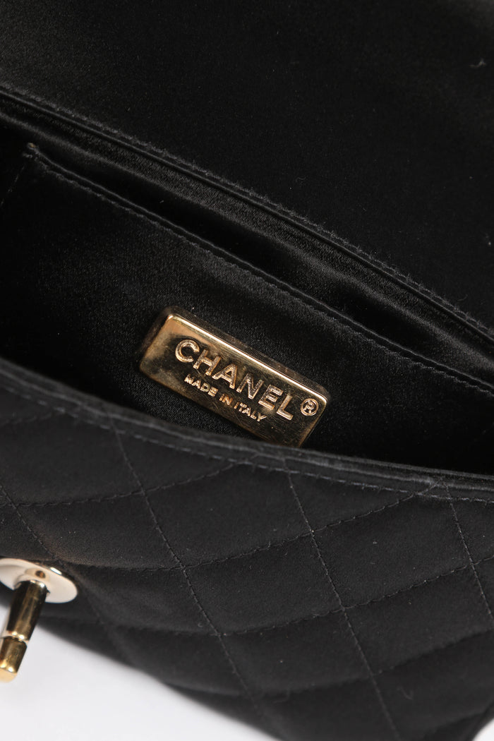 2000s Chanel Black Satin Mini Camellia Chocolate Bar Crossbody Bag