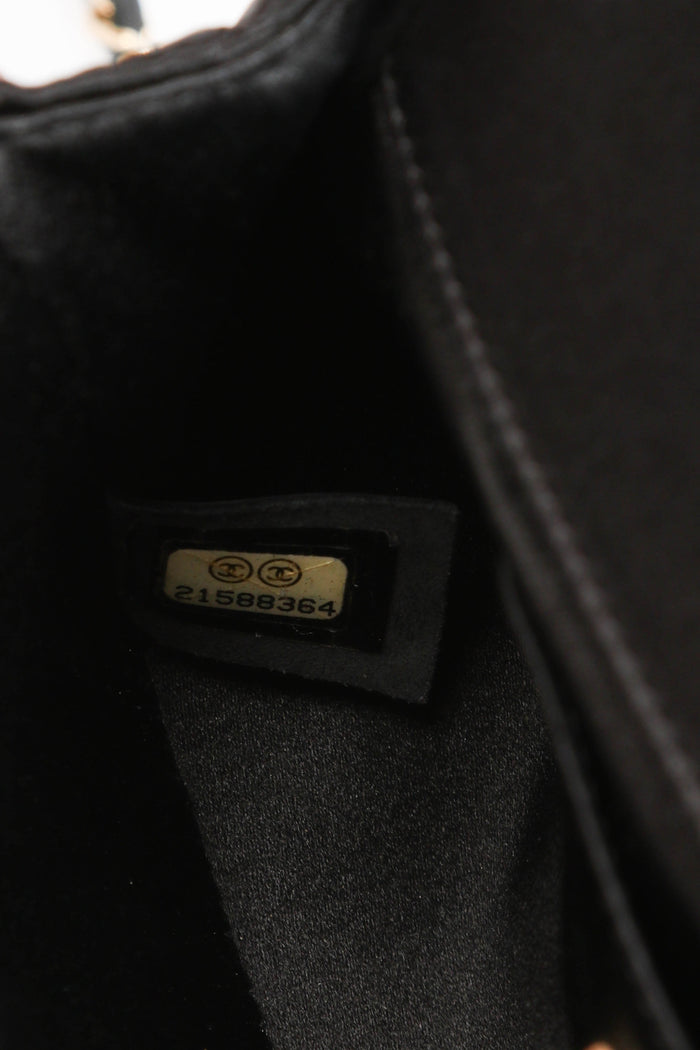 2000s Chanel Black Satin Mini Camellia Chocolate Bar Crossbody Bag