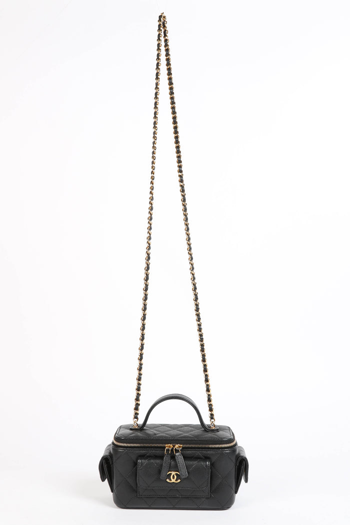2020s Chanel Black Caviar Leather Cargo Pocket Top Handle Vanity with Chain