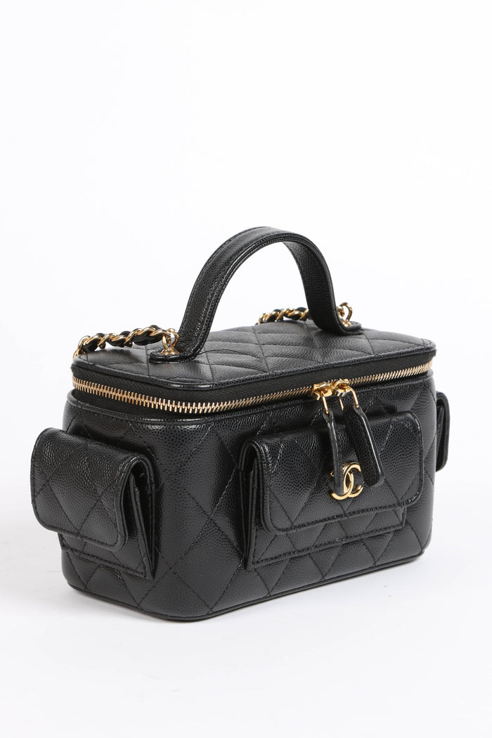 2020s Chanel Black Caviar Leather Cargo Pocket Top Handle Vanity with Chain