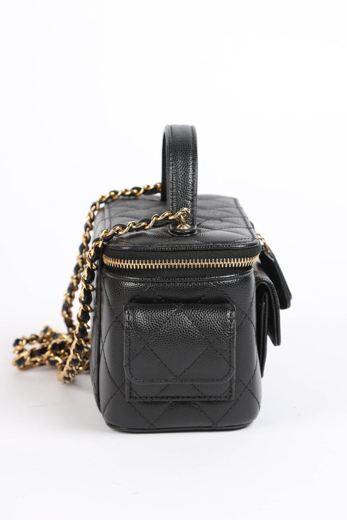 2020s Chanel Black Caviar Leather Cargo Pocket Top Handle Vanity with Chain