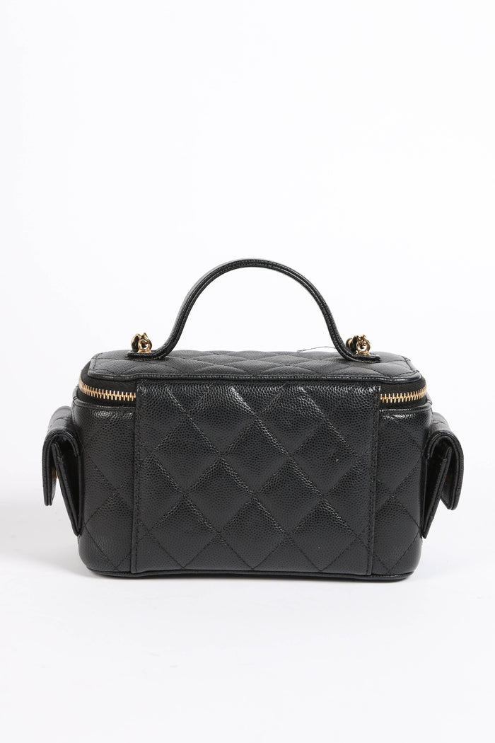 2020s Chanel Black Caviar Leather Cargo Pocket Top Handle Vanity with Chain