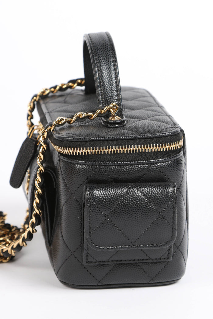 2020s Chanel Black Caviar Leather Cargo Pocket Top Handle Vanity with Chain