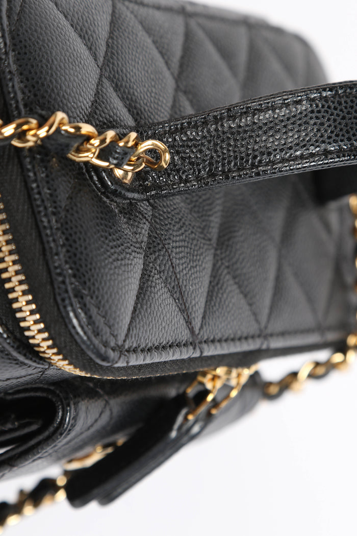 2020s Chanel Black Caviar Leather Cargo Pocket Top Handle Vanity with Chain