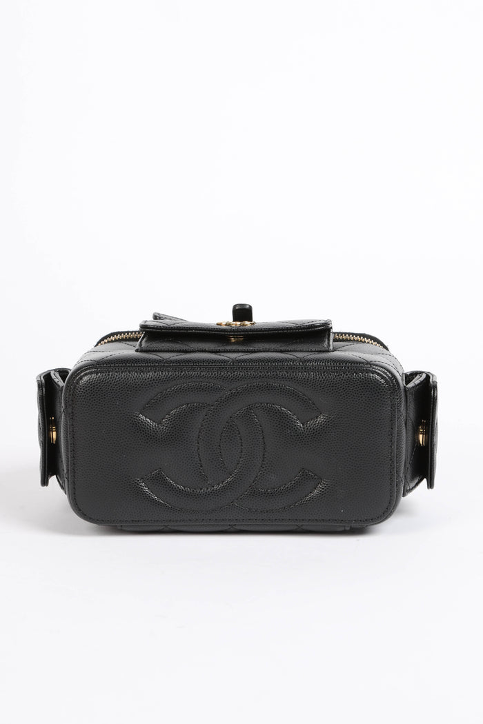 2020s Chanel Black Caviar Leather Cargo Pocket Top Handle Vanity with Chain