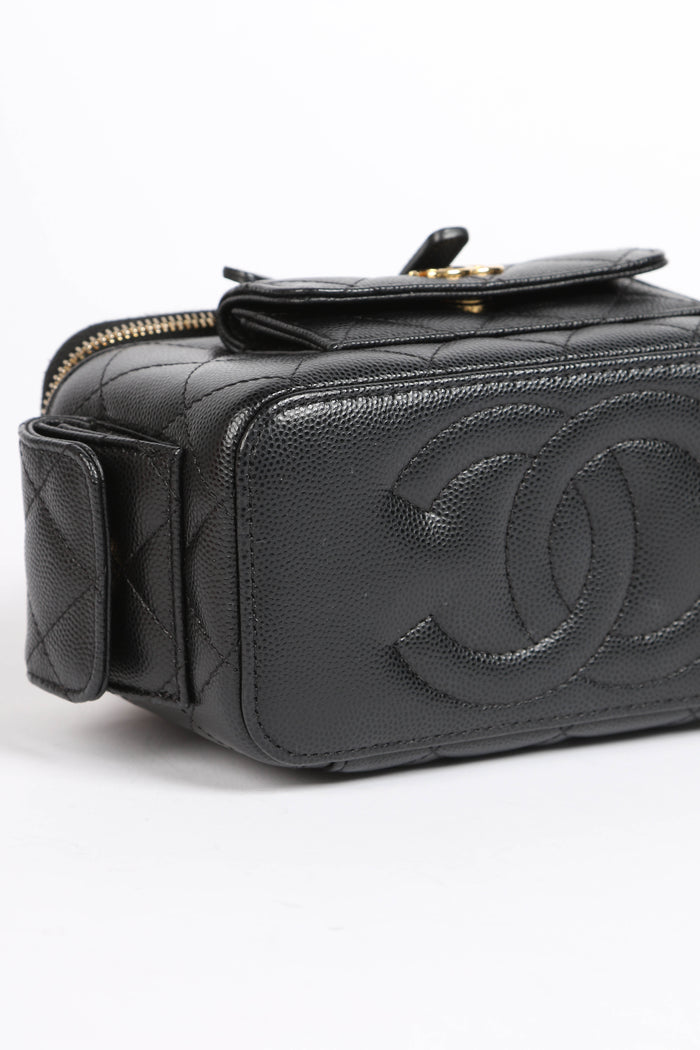 2020s Chanel Black Caviar Leather Cargo Pocket Top Handle Vanity with Chain