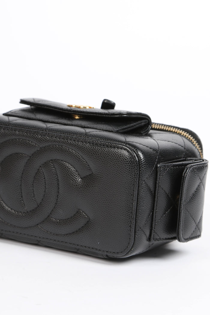 2020s Chanel Black Caviar Leather Cargo Pocket Top Handle Vanity with Chain