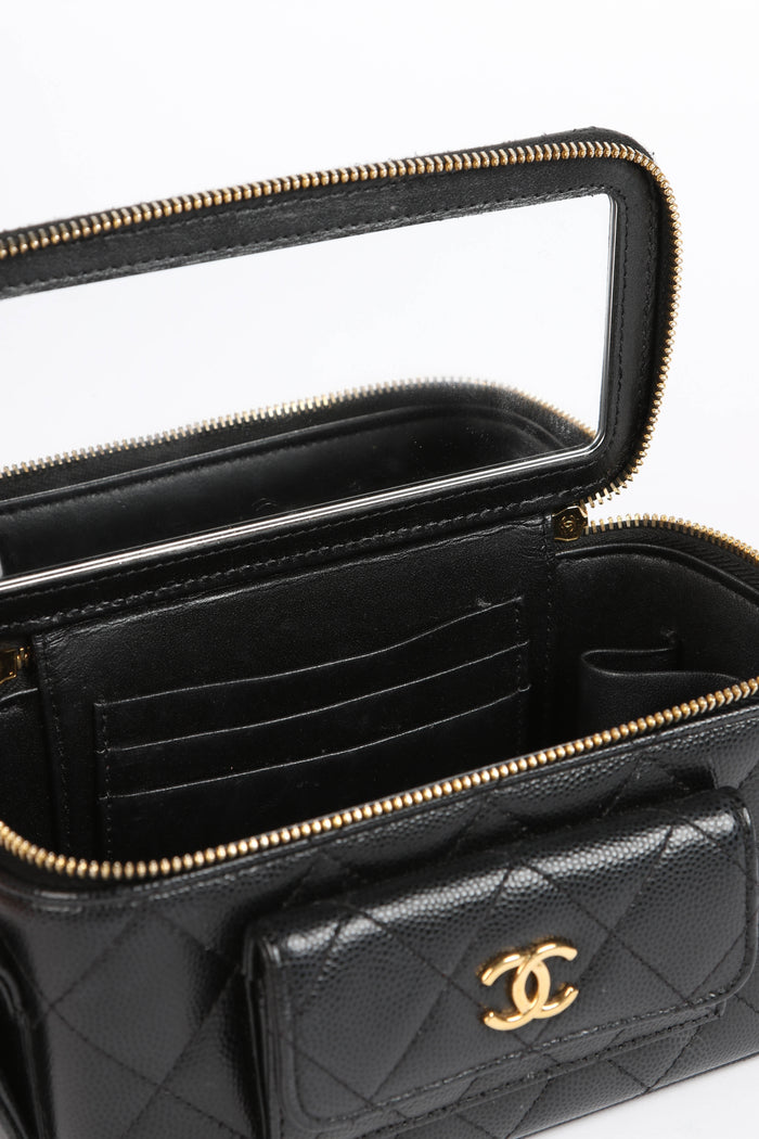 2020s Chanel Black Caviar Leather Cargo Pocket Top Handle Vanity with Chain