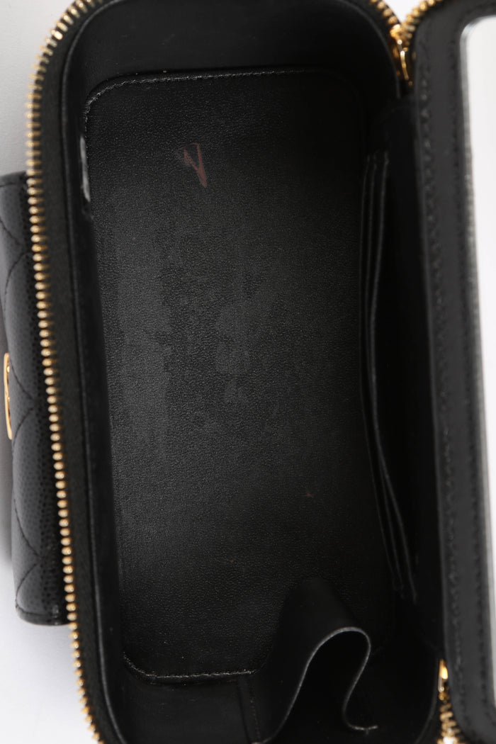 2020s Chanel Black Caviar Leather Cargo Pocket Top Handle Vanity with Chain