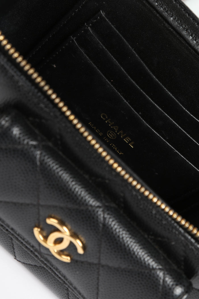 2020s Chanel Black Caviar Leather Cargo Pocket Top Handle Vanity with Chain