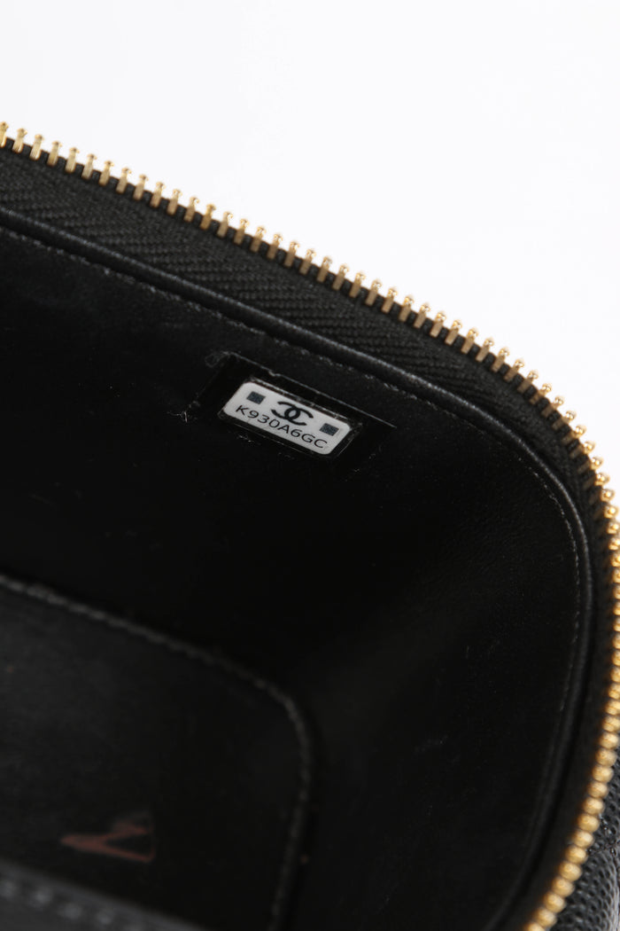 2020s Chanel Black Caviar Leather Cargo Pocket Top Handle Vanity with Chain