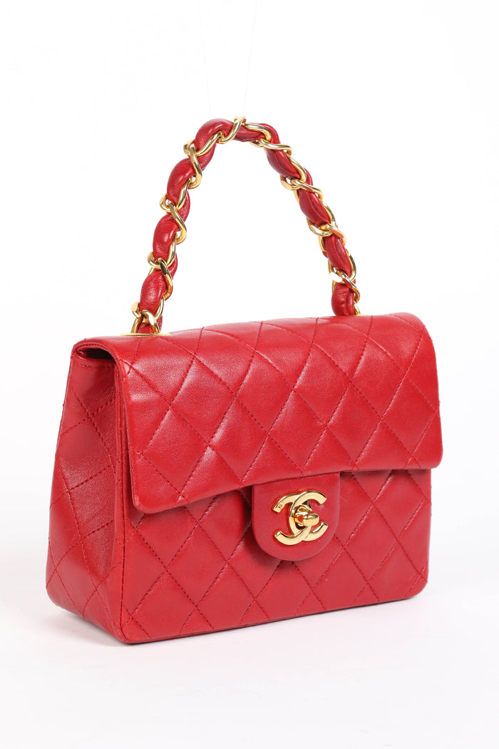 90s Chanel Red Lambskin Mini Square Top Handle Flap Bag