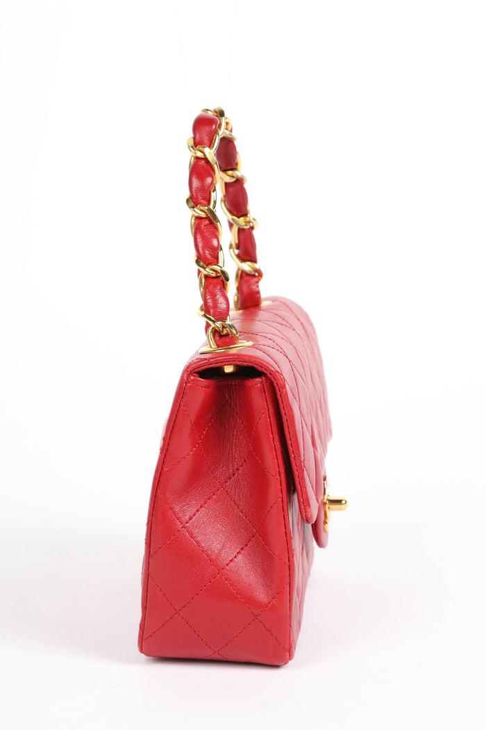 90s Chanel Red Lambskin Mini Square Top Handle Flap Bag