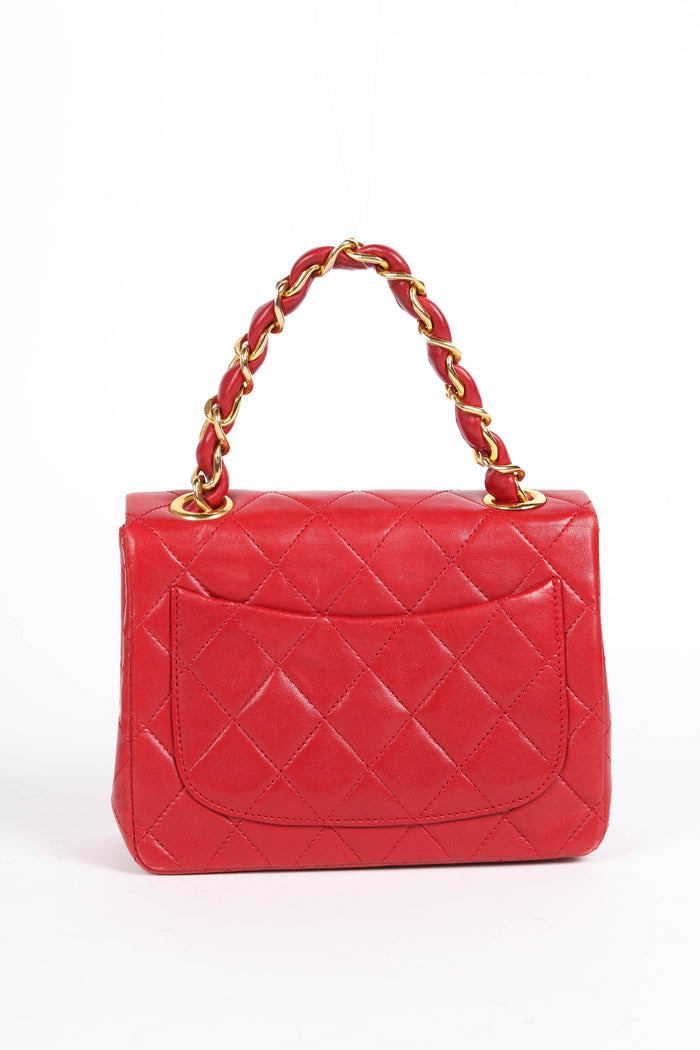 90s Chanel Red Lambskin Mini Square Top Handle Flap Bag