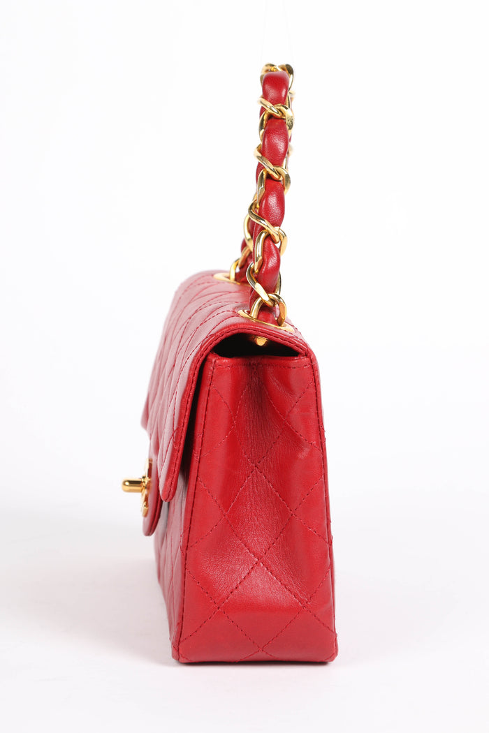 90s Chanel Red Lambskin Mini Square Top Handle Flap Bag