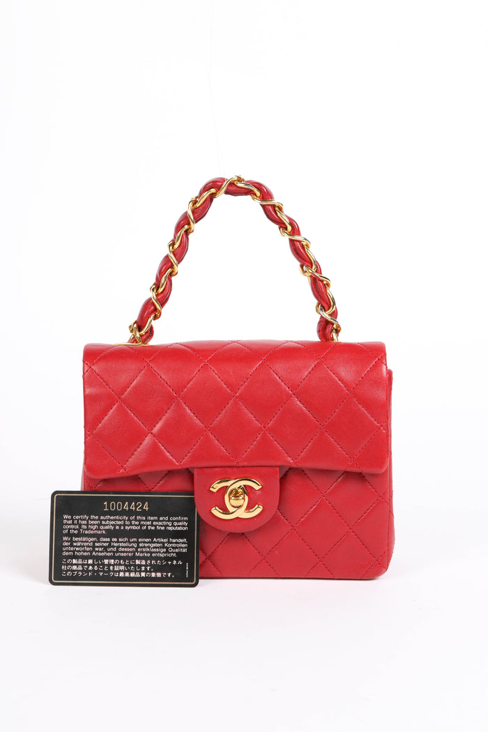 90s Chanel Red Lambskin Mini Square Top Handle Flap Bag