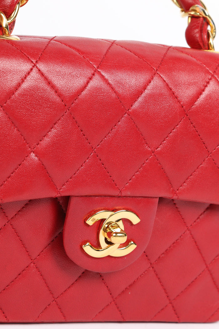90s Chanel Red Lambskin Mini Square Top Handle Flap Bag