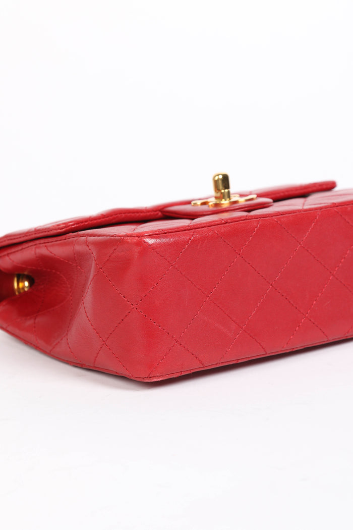 90s Chanel Red Lambskin Mini Square Top Handle Flap Bag
