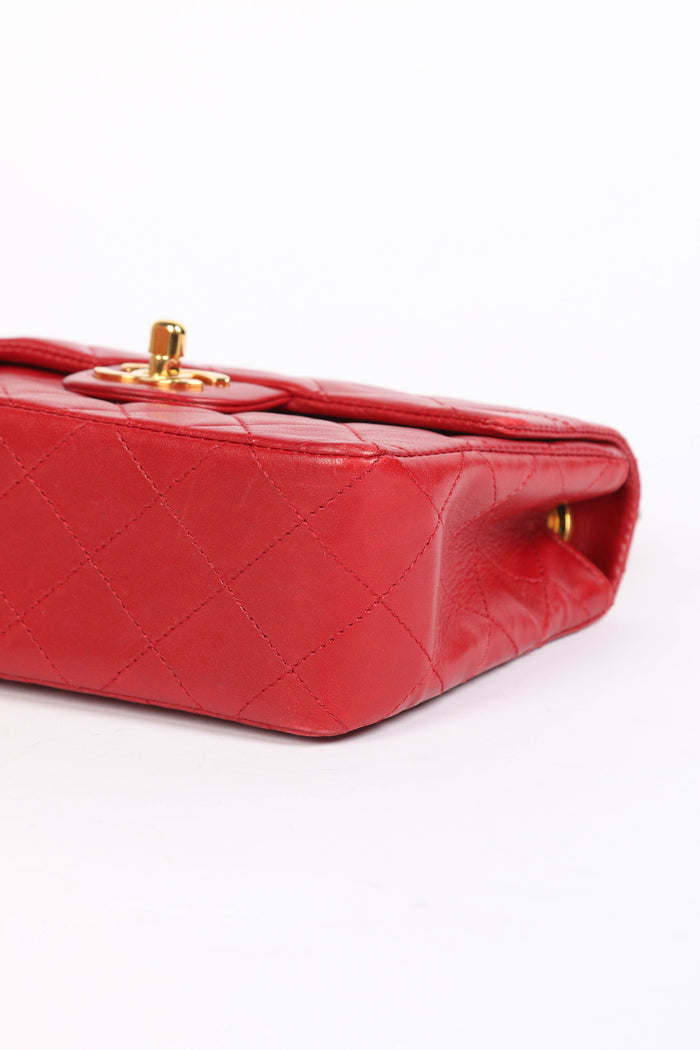 90s Chanel Red Lambskin Mini Square Top Handle Flap Bag