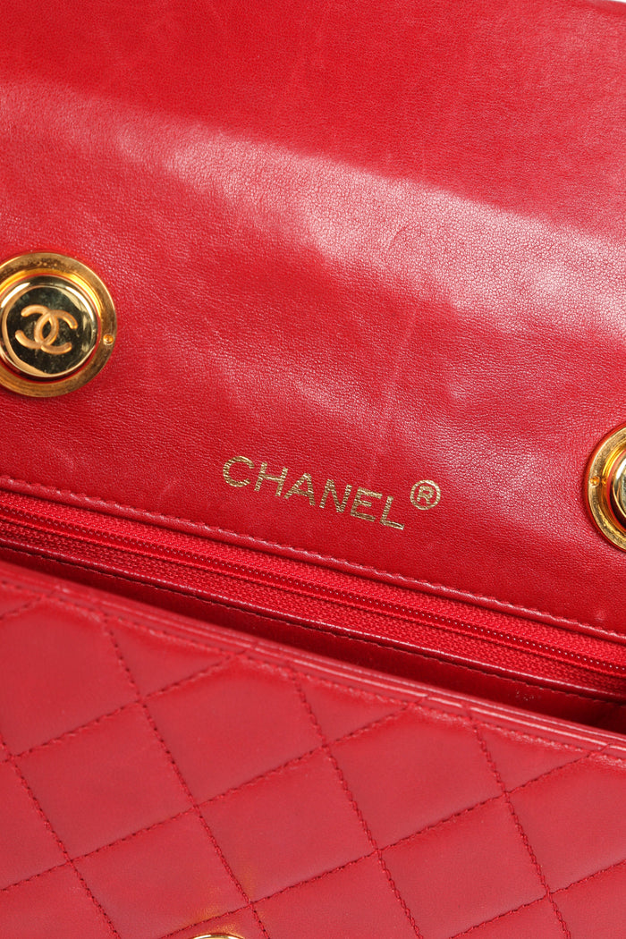 90s Chanel Red Lambskin Mini Square Top Handle Flap Bag