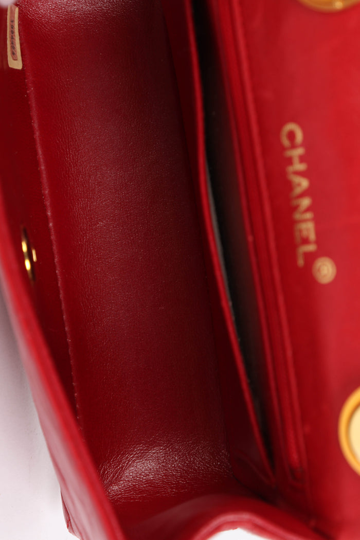 90s Chanel Red Lambskin Mini Square Top Handle Flap Bag