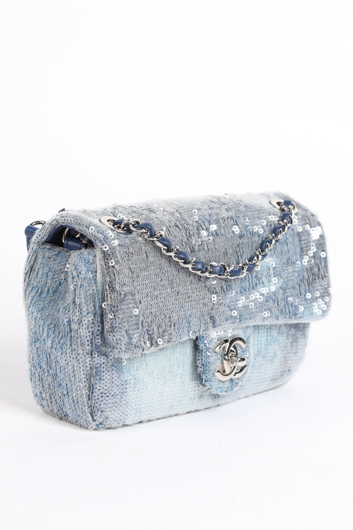RARE 2018 Chanel Blue Sequin Waterfall Mini Flap Bag