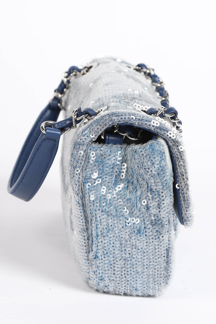 RARE 2018 Chanel Blue Sequin Waterfall Mini Flap Bag