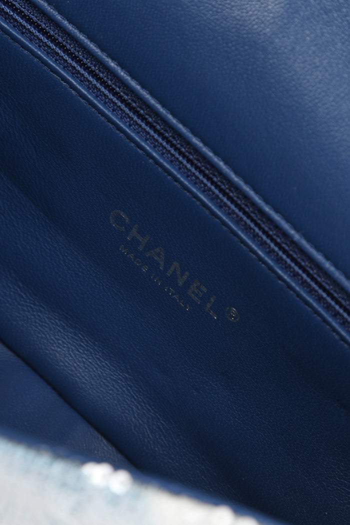 RARE 2018 Chanel Blue Sequin Waterfall Mini Flap Bag
