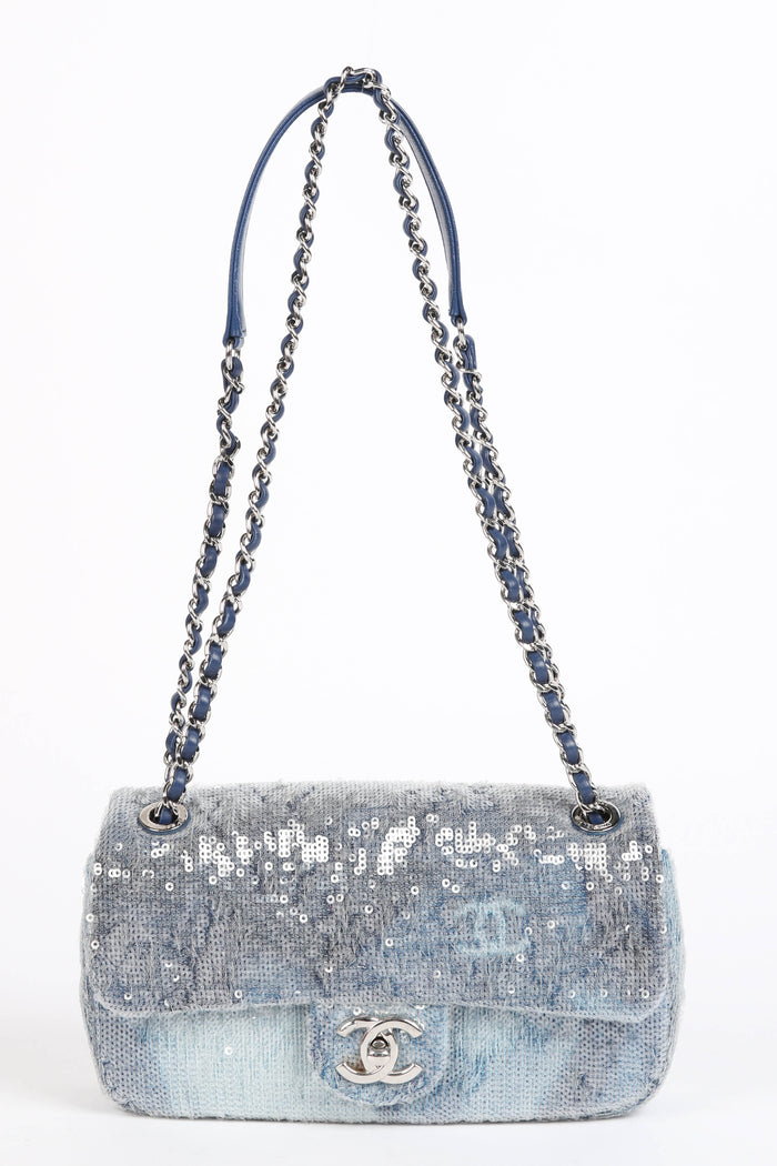 RARE 2018 Chanel Blue Sequin Waterfall Mini Flap Bag