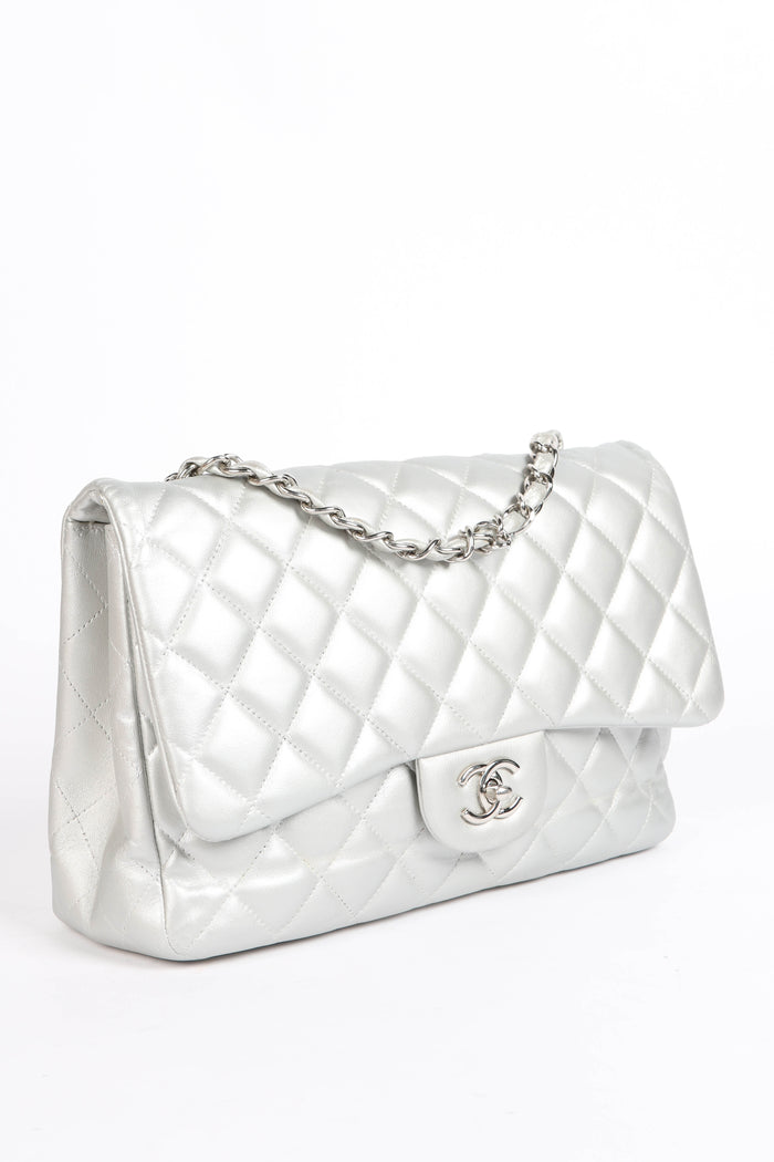 2010s Chanel Silver Lambskin Leather Jumbo Single Flap Shoulder Bag