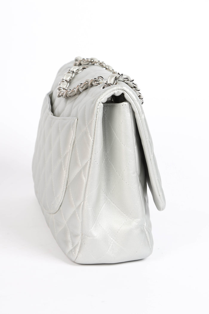 2010s Chanel Silver Lambskin Leather Jumbo Single Flap Shoulder Bag