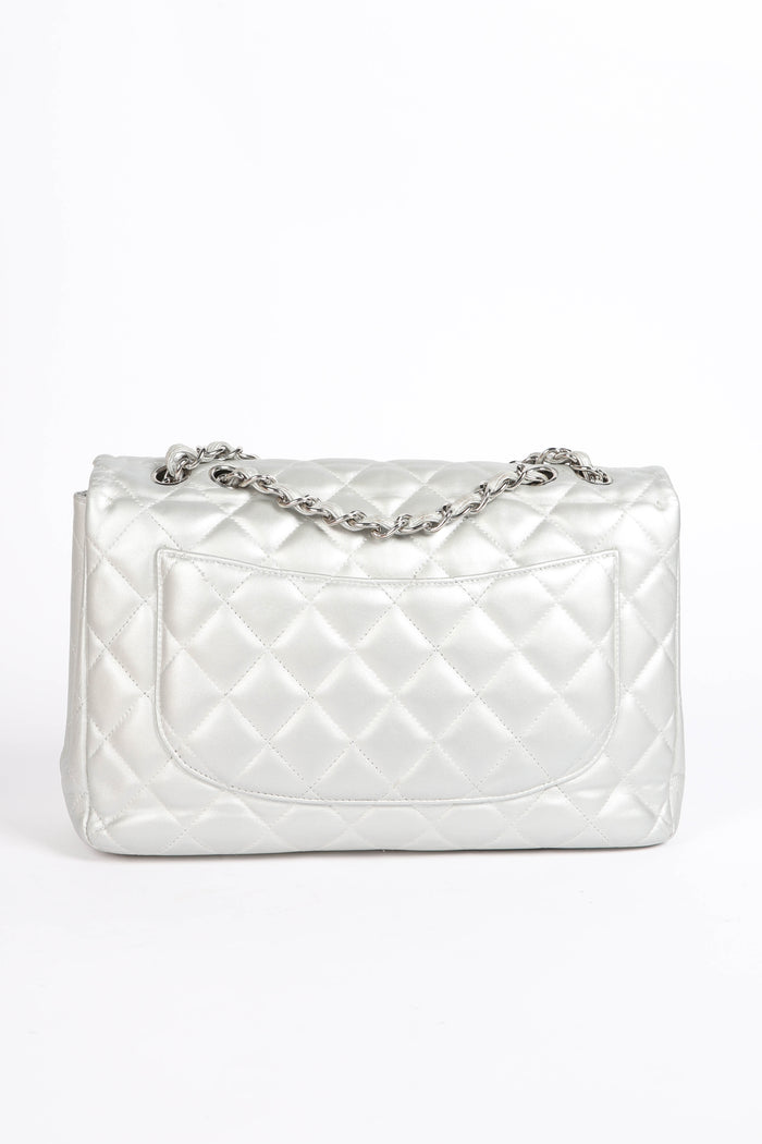 2010s Chanel Silver Lambskin Leather Jumbo Single Flap Shoulder Bag
