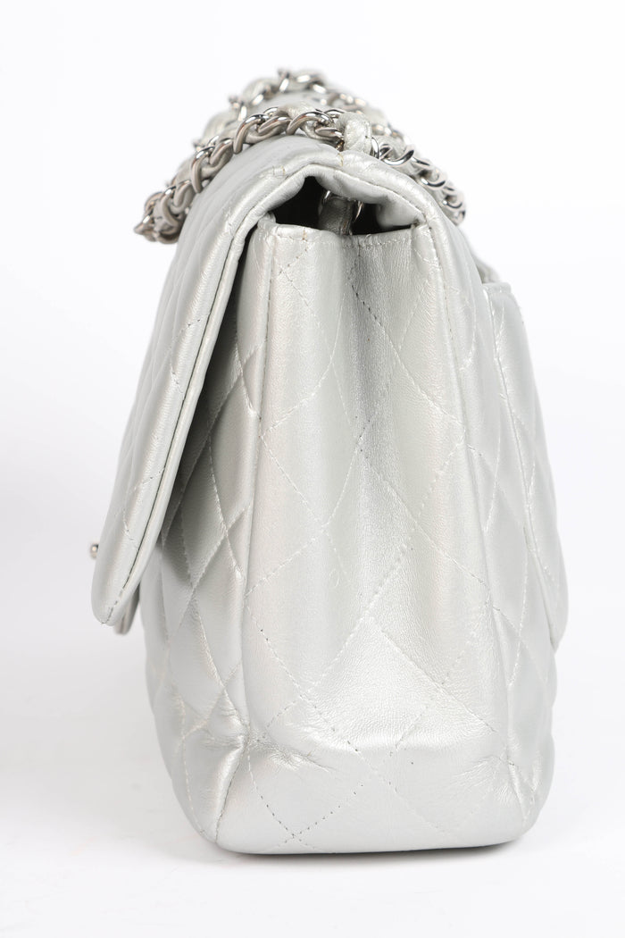 2010s Chanel Silver Lambskin Leather Jumbo Single Flap Shoulder Bag