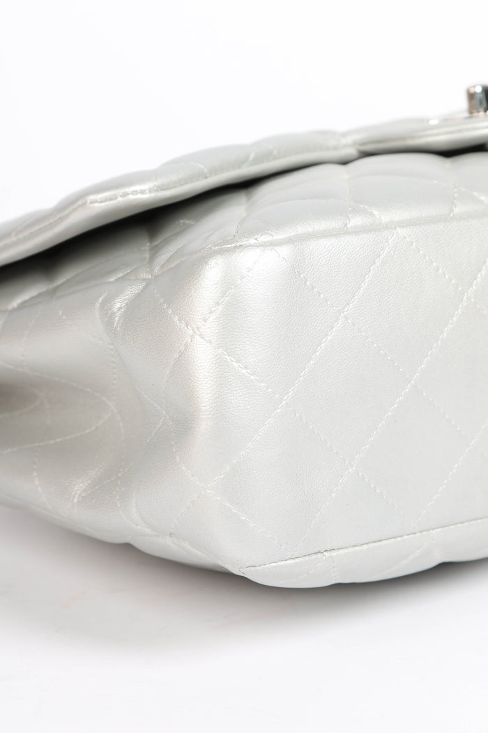 2010s Chanel Silver Lambskin Leather Jumbo Single Flap Shoulder Bag