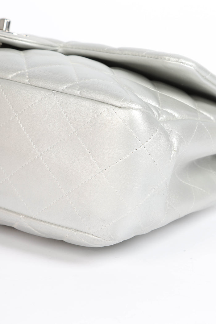 2010s Chanel Silver Lambskin Leather Jumbo Single Flap Shoulder Bag