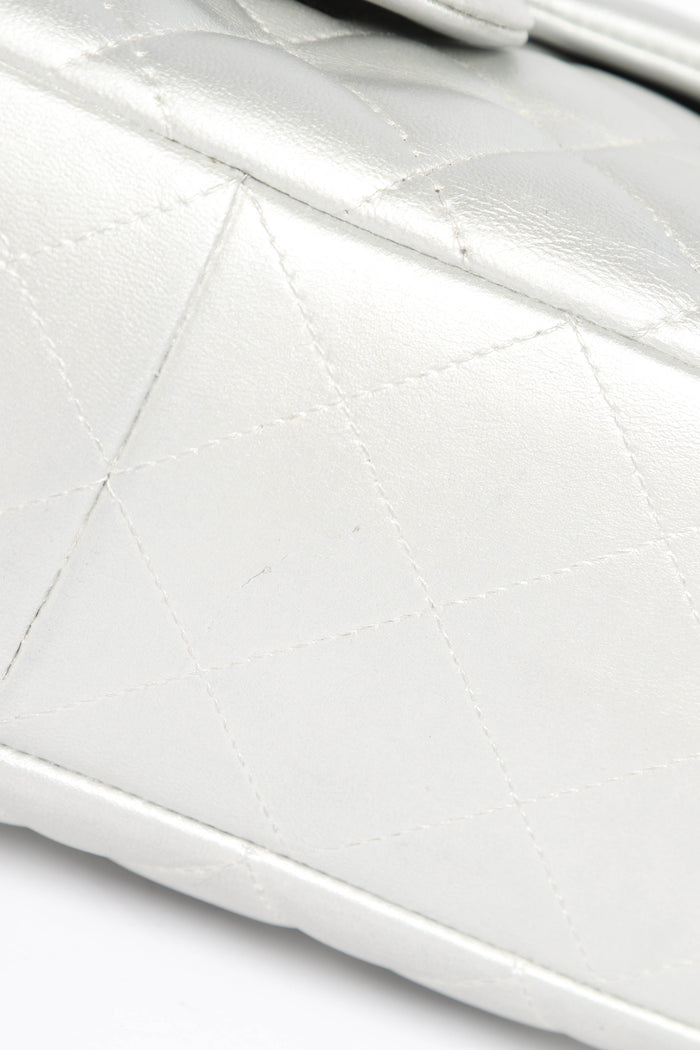 2010s Chanel Silver Lambskin Leather Jumbo Single Flap Shoulder Bag