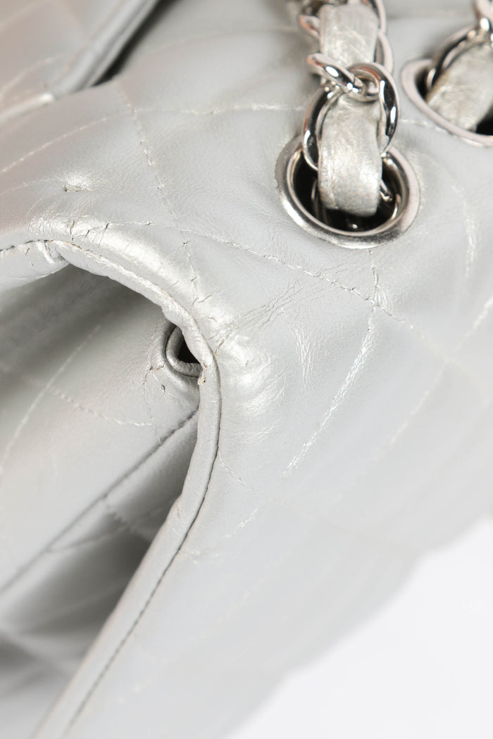 2010s Chanel Silver Lambskin Leather Jumbo Single Flap Shoulder Bag
