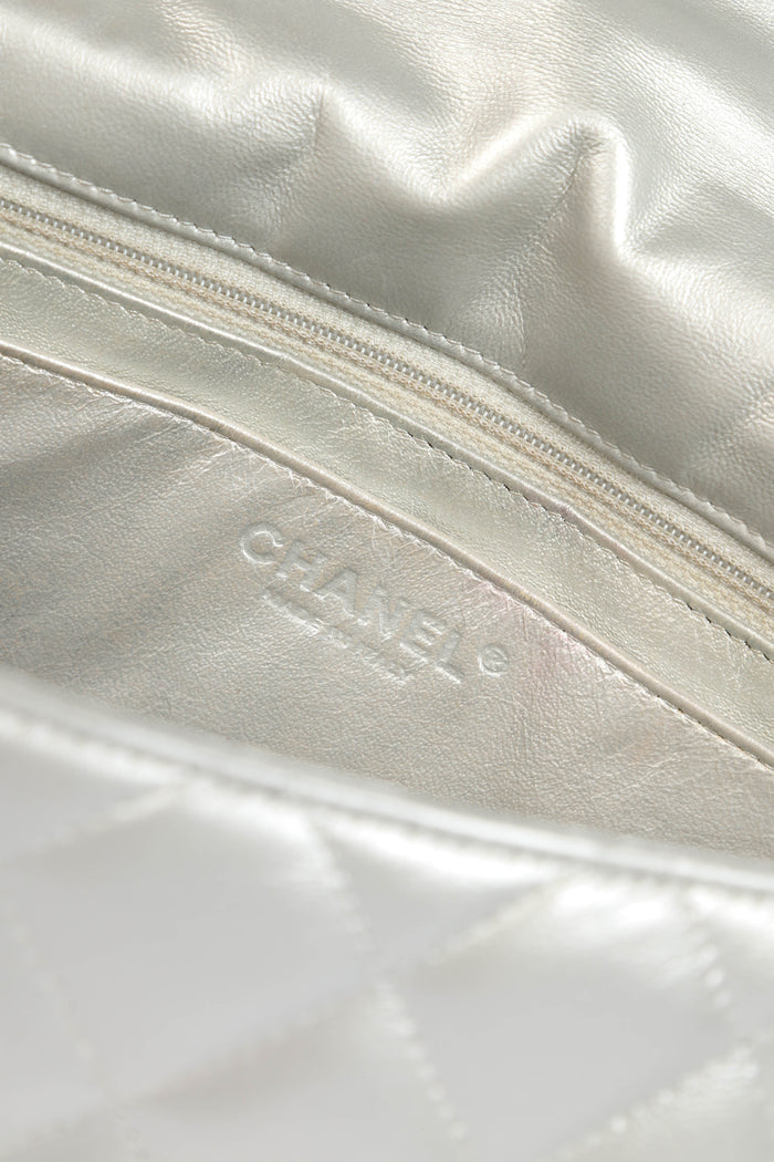 2010s Chanel Silver Lambskin Leather Jumbo Single Flap Shoulder Bag