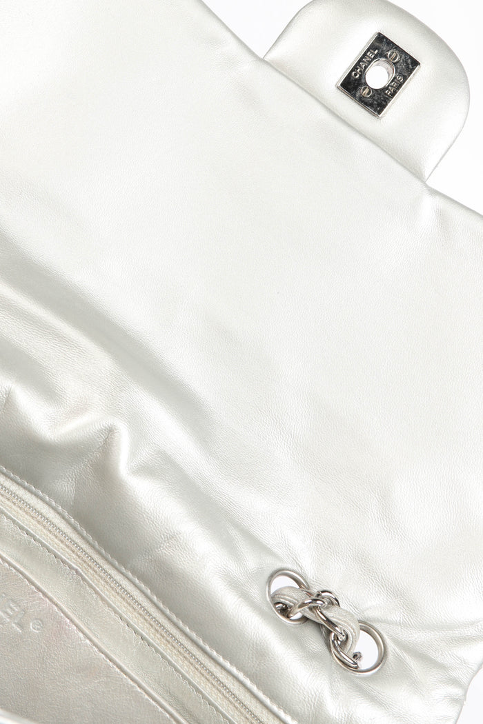 2010s Chanel Silver Lambskin Leather Jumbo Single Flap Shoulder Bag