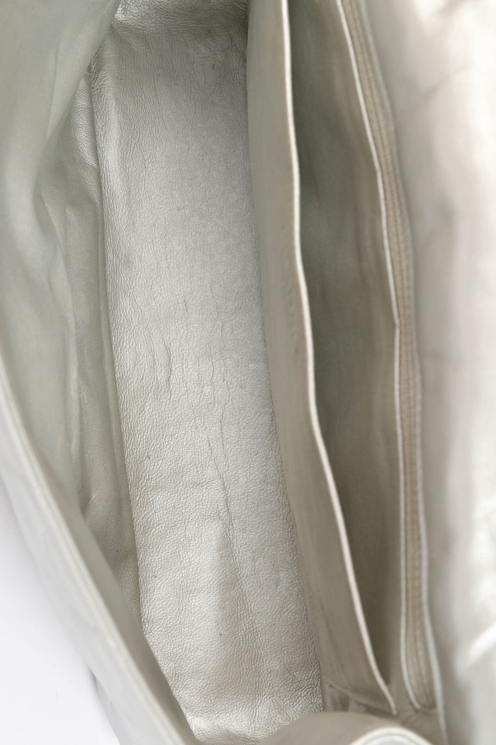 2010s Chanel Silver Lambskin Leather Jumbo Single Flap Shoulder Bag